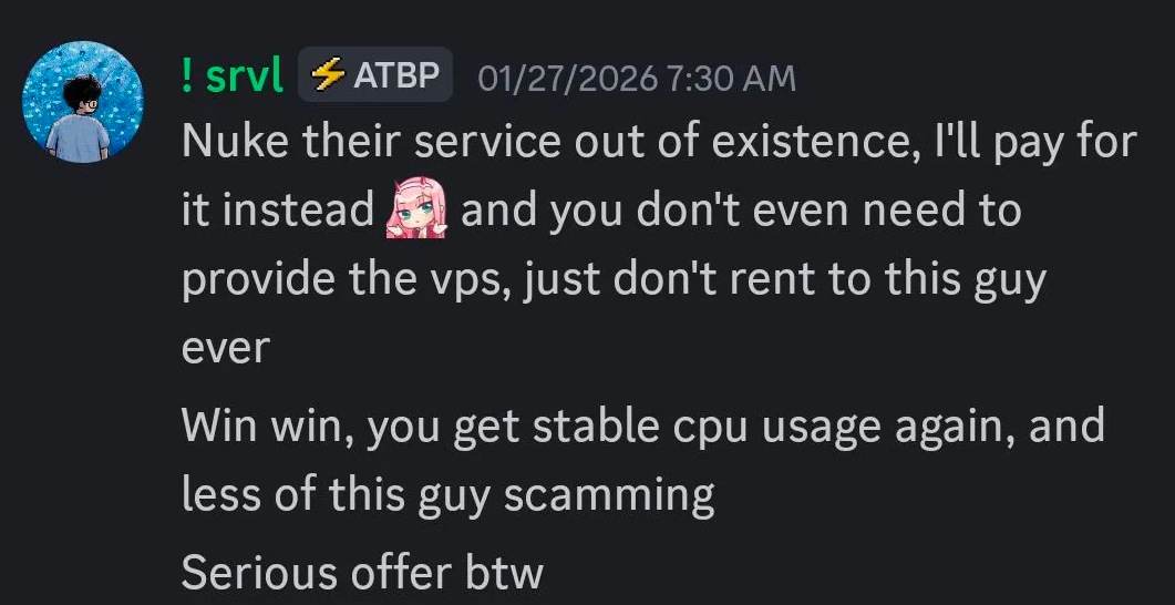 Submitted screenshot of a January 27 Discord message discussing a hosting provider and a VPS rental